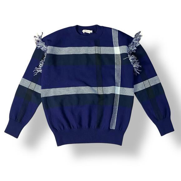 Tory Burch Gwen Sweater Blue and White Checked with Fringe‎ Size Small - Picture 1 of 7